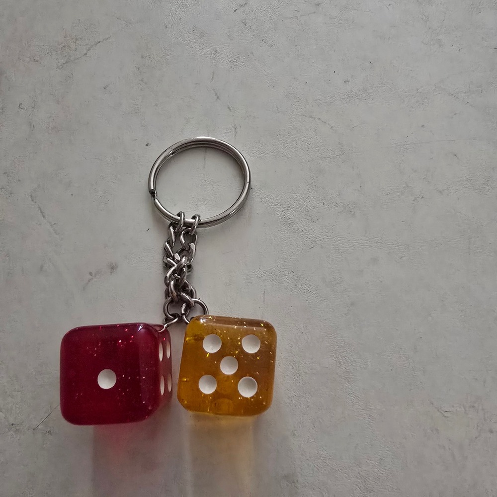 Vintage Style Glitter Resin Dice Keychain Red and Yellow Translucent Charms